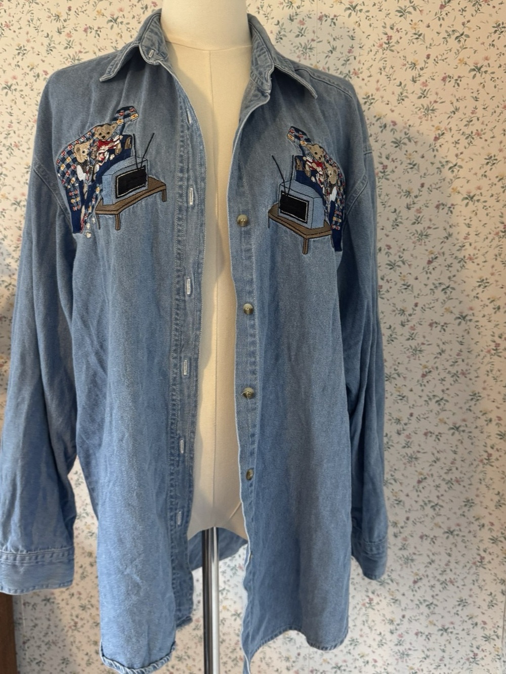 Vintage 90s Embroidered Denim Button Down